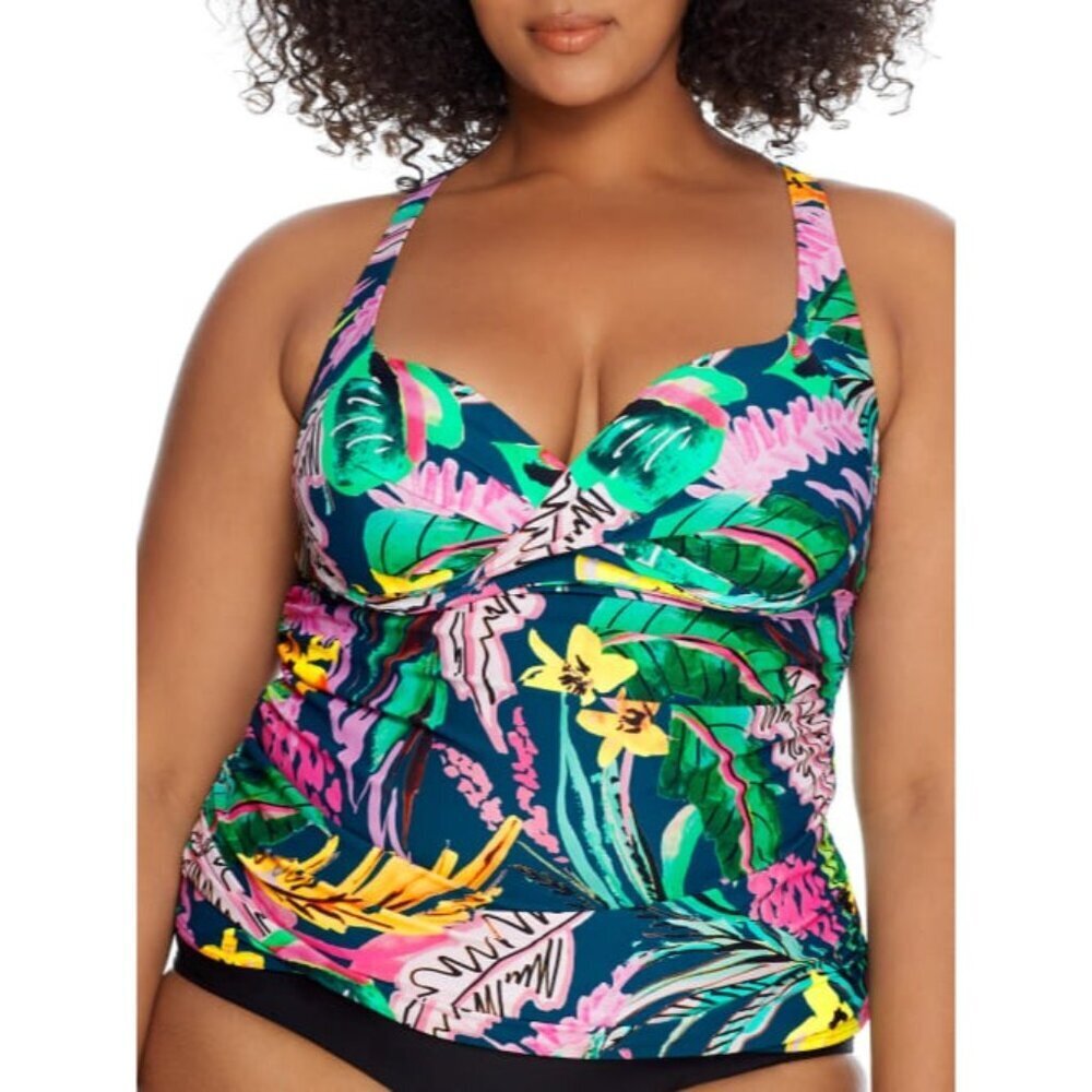 Birdsong Womens Plus Waikiki Shirred Underwire Tankini Top 20S/DD Swimsuit NEW